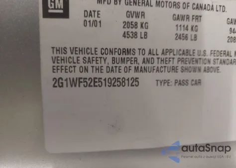 2001 Chevrolet Impala из США, поврежденный, VIN 2G1WF52E519258125